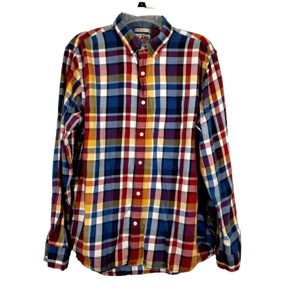 Old Navy Plaid Regular Fit Mens L Shirt Plaid Multicolor Button-down Lon…